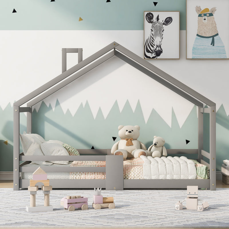 Lit enfant lit cabane avec cheminée sommier à lattes robuste lit cabane en bois de pin gris, 90 x 200 cm sans matelas STRONS