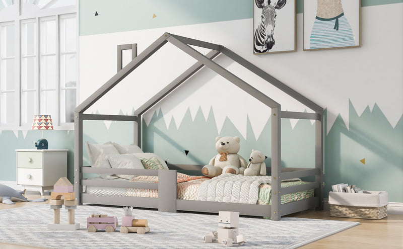 Lit enfant lit cabane avec cheminée sommier à lattes robuste lit cabane en bois de pin gris, 90 x 200 cm sans matelas STRONS