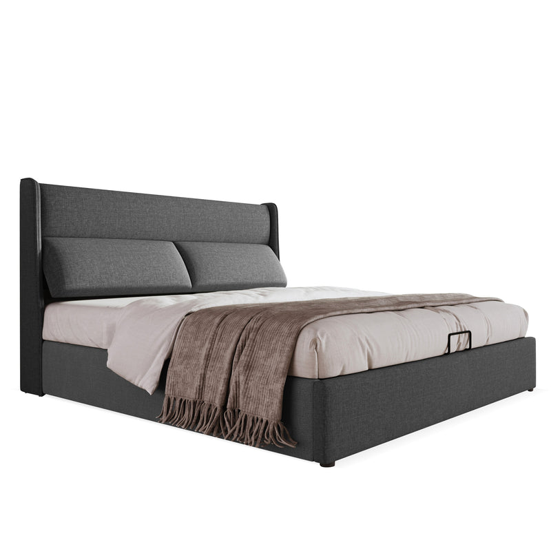Lit double rembourré avec appuie-tête réglables, lits de rangement, cadre de lit en lin, lit d&