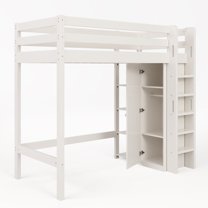 Lit mezzanine en bois blanc avec armoire et 6 étagères lit simple couchage 90x200 cm NENKAX