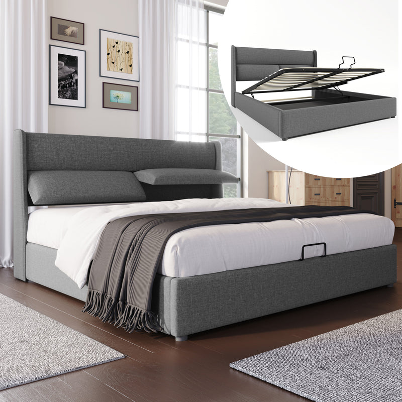Lit double rembourré avec appuie-tête réglables, lits de rangement, cadre de lit en lin, lit d&