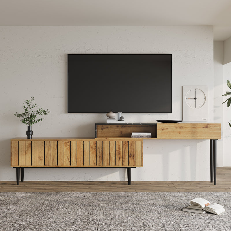 Meuble TV moderne extensible effet marbre noir et bois PVC pieds en acier noir PHOGNAIN