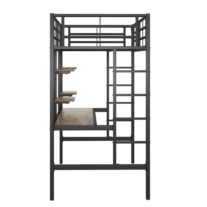 Lit mezzanine métallique noir avec bureau et deux étagères pour adolescents et adultes 90x200cm GUUQNOKS
