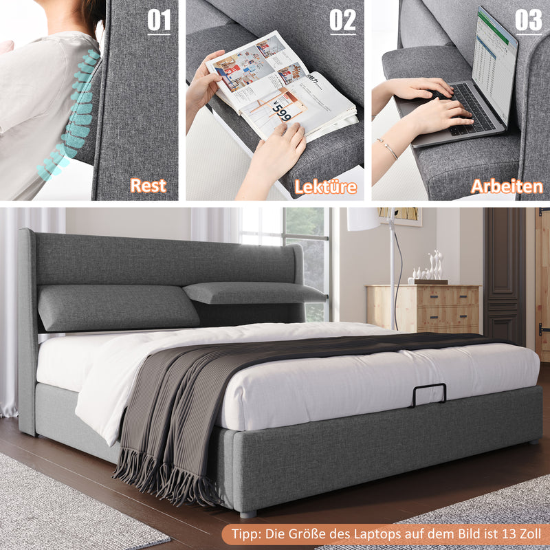 Lit double rembourré avec appuie-tête réglables, lits de rangement, cadre de lit en lin, lit d&