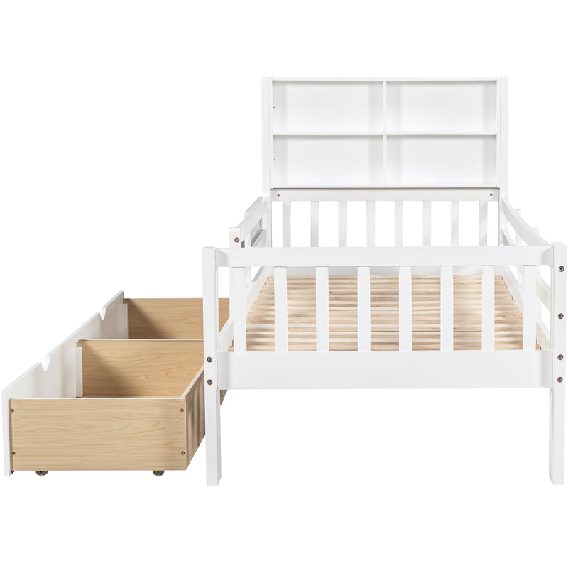 Lit simple lit enfant multifonctions en bois MDF blanc avec 2 tiroirs et étagères rangement sans matelas 90*200 ADHULL