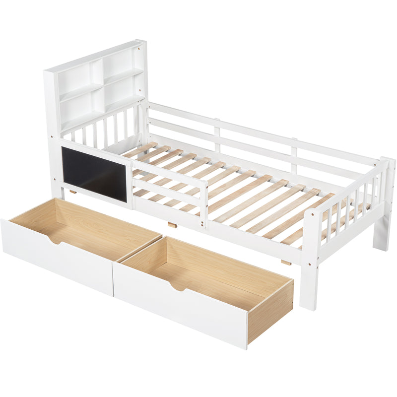 Lit simple lit enfant multifonctions en bois MDF blanc avec 2 tiroirs et étagères rangement sans matelas 90*200 ADHULL