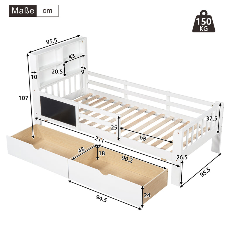 Lit enfant, lit simple lit multifonctionnel, avec tiroirs et plateau, sans matelas, blanc, 90*200 Brestriks