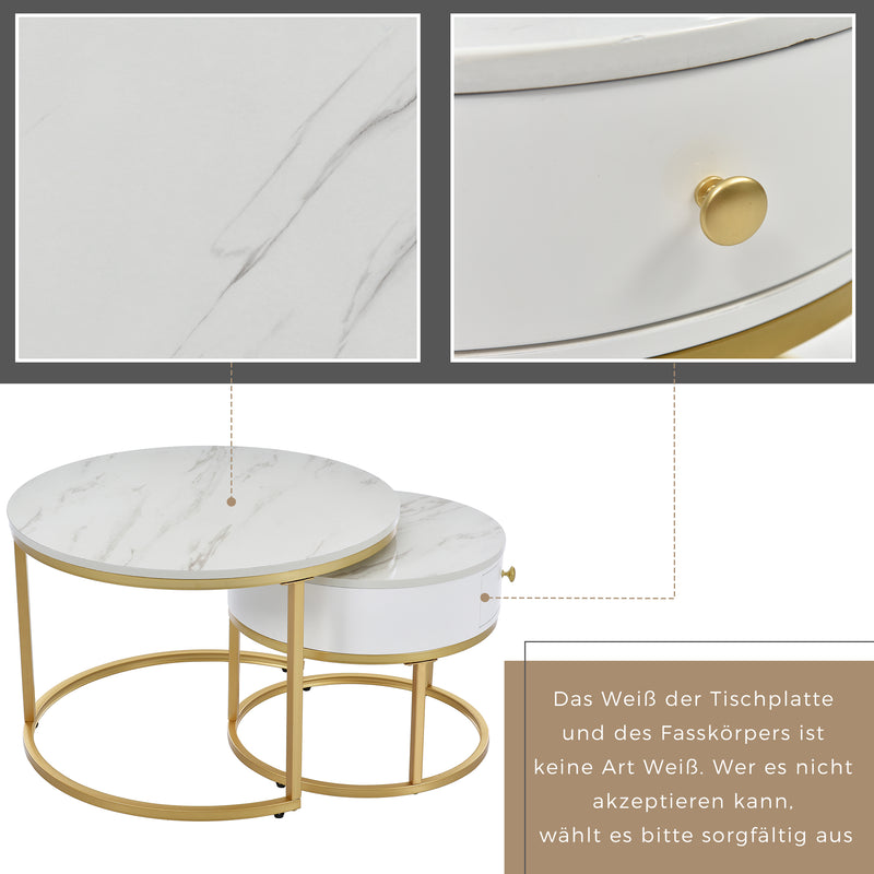 Ensemble table basse gigogne effet marbre blanc avec tiroir pieds dorés PHELGES