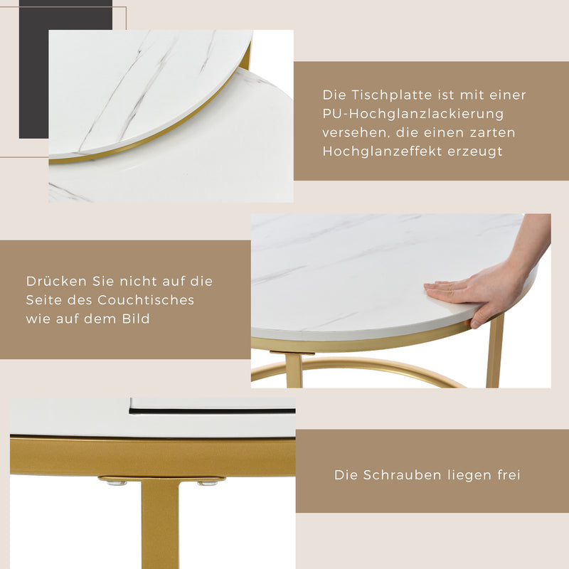 Satz-Couchtisch-Set mit weißer Marmoroptik und Schublade mit goldenen Füßen PHELGES