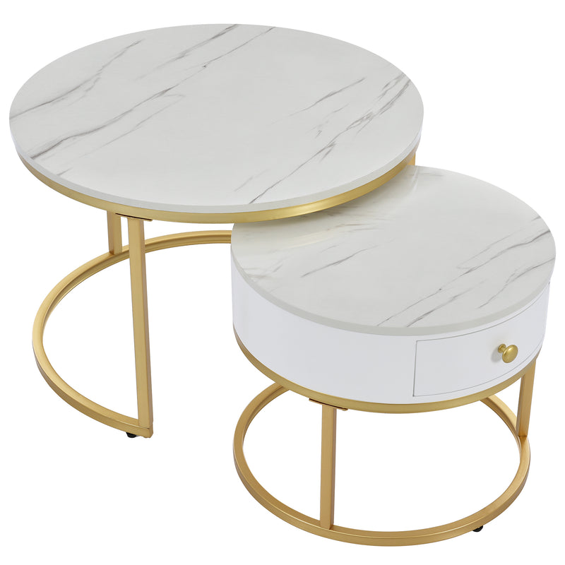 Ensemble table basse gigogne effet marbre blanc avec tiroir pieds dorés PHELGES