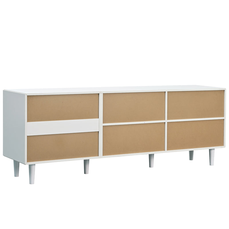 Meuble TV blanc effet bois 2 tiroirs 2 portes en rotin 180*40*65cm DRAKKAX