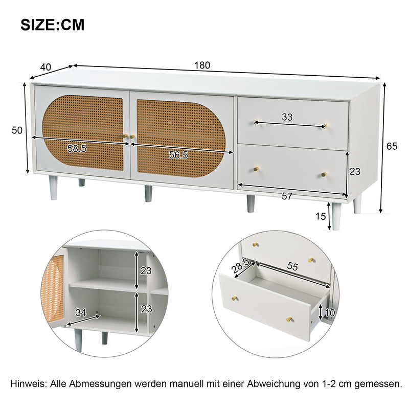 Meuble TV blanc effet bois 2 tiroirs 2 portes en rotin 180*40*65cm DRAKKAX