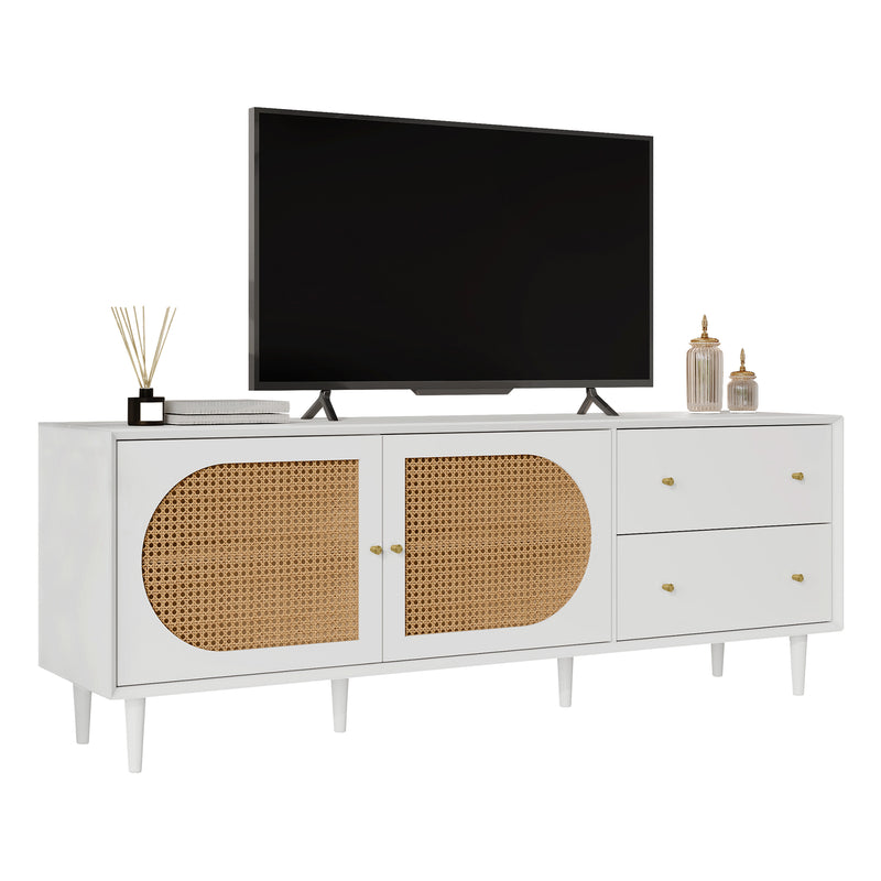 Meuble TV blanc effet bois 2 tiroirs 2 portes en rotin 180*40*65cm DRAKKAX