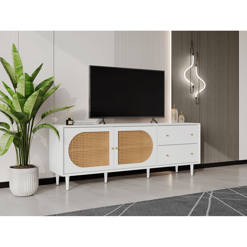 Meuble TV blanc effet bois 2 tiroirs 2 portes en rotin 180*40*65cm DRAKKAX