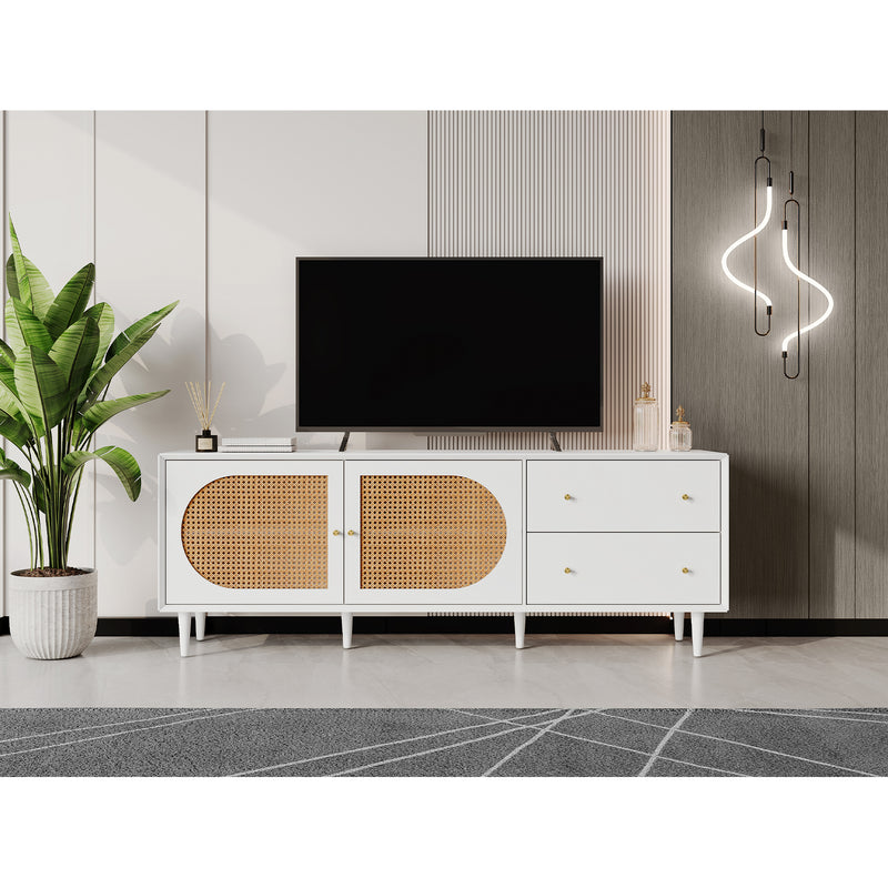 Meuble TV blanc effet bois 2 tiroirs 2 portes en rotin 180*40*65cm DRAKKAX