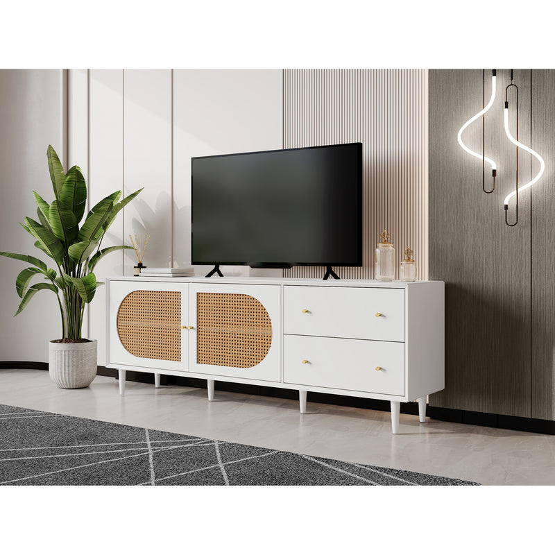 Meuble TV blanc effet bois 2 tiroirs 2 portes en rotin 180*40*65cm DRAKKAX