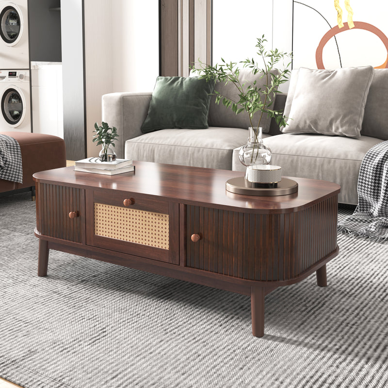 Table basse effet noyer vintage et rotin 1 tiroir et 2 niches portes coulissantes OSOR