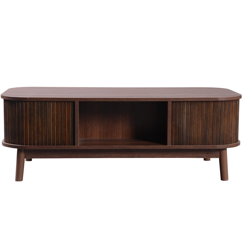 Table basse effet noyer vintage et rotin 1 tiroir et 2 niches portes coulissantes OSOR