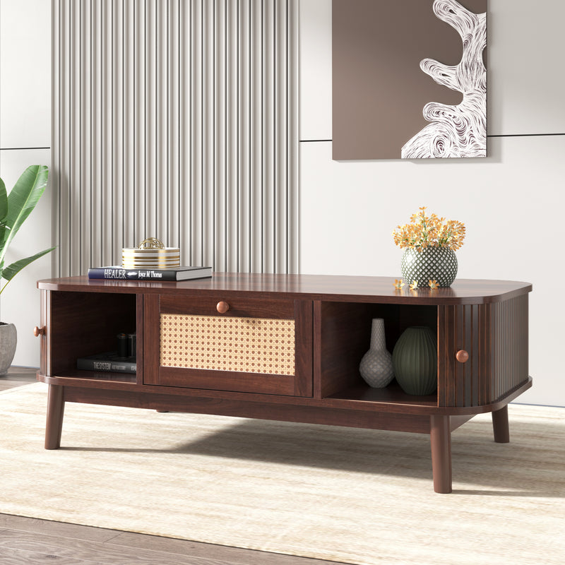 Table basse effet noyer vintage et rotin 1 tiroir et 2 niches portes coulissantes OSOR