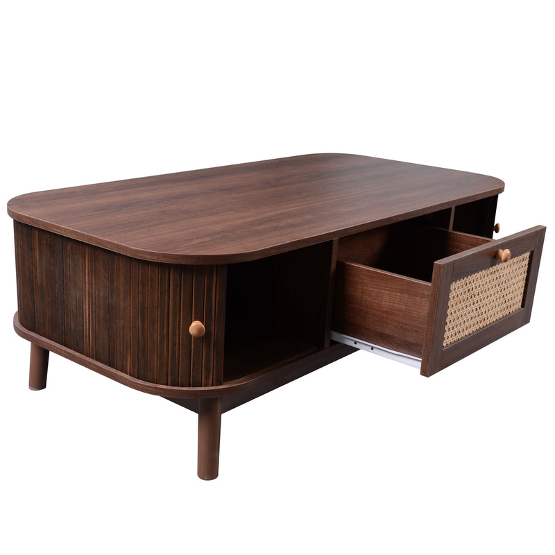 Table basse effet noyer vintage et rotin 1 tiroir et 2 niches portes coulissantes OSOR