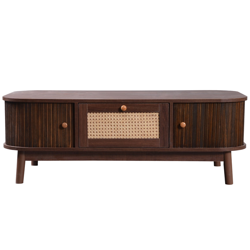Table basse effet noyer vintage et rotin 1 tiroir et 2 niches portes coulissantes OSOR