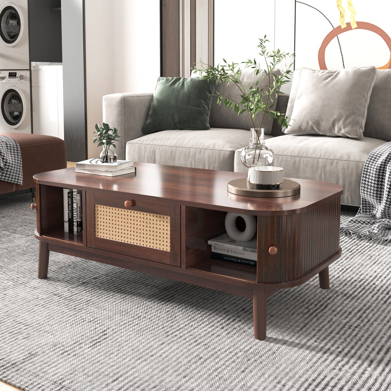 Table basse effet noyer vintage et rotin 1 tiroir et 2 niches portes coulissantes OSOR