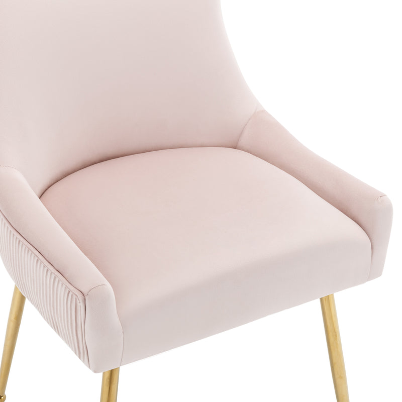 Lot de 2 chaises de salle à manger rembourrée velours rose, coté à rayures verticales pieds couleur dorés UNQADS PINK