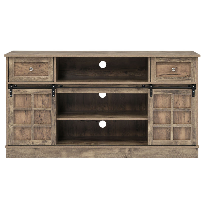 Buffet Meuble TV spécial de 1,5 mètre de long effet bois gris marron avec 2 portes, 2 tiroirs rangement éclairage LED THUNS