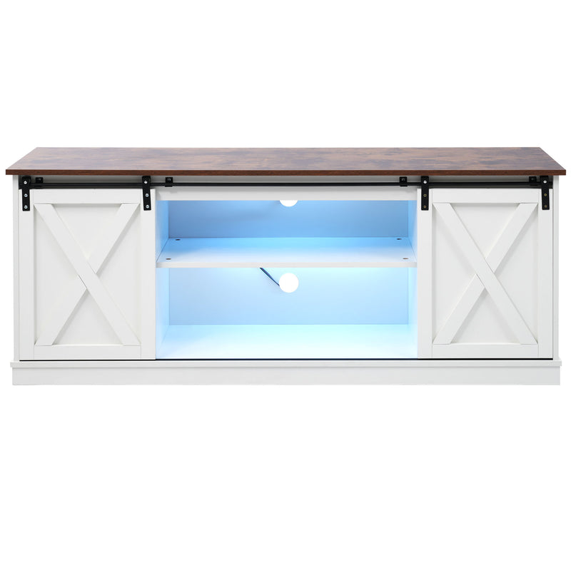 Buffet meuble TV blanc top effet bois noyer 2 portes coulissantes rangements éclairage LED 150*40cm ZALAI