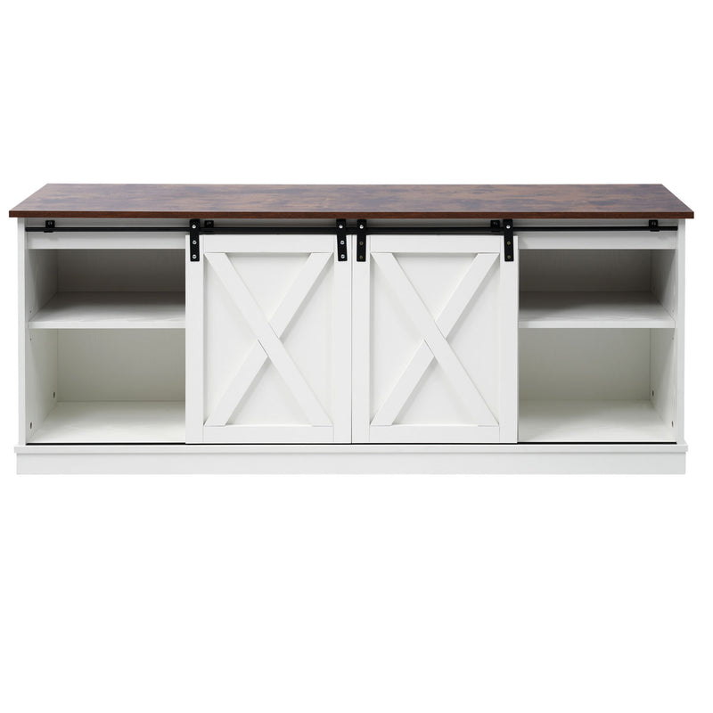 Buffet meuble TV blanc top effet bois noyer 2 portes coulissantes rangements éclairage LED 150*40cm ZALAI