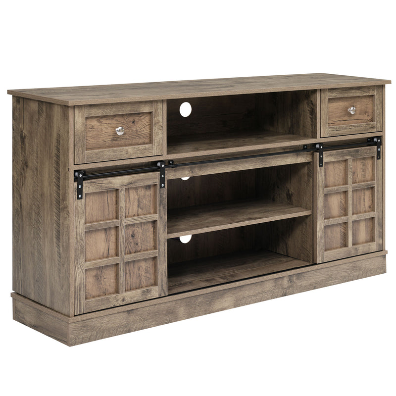 Buffet Meuble TV spécial de 1,5 mètre de long effet bois gris marron avec 2 portes, 2 tiroirs rangement éclairage LED THUNS