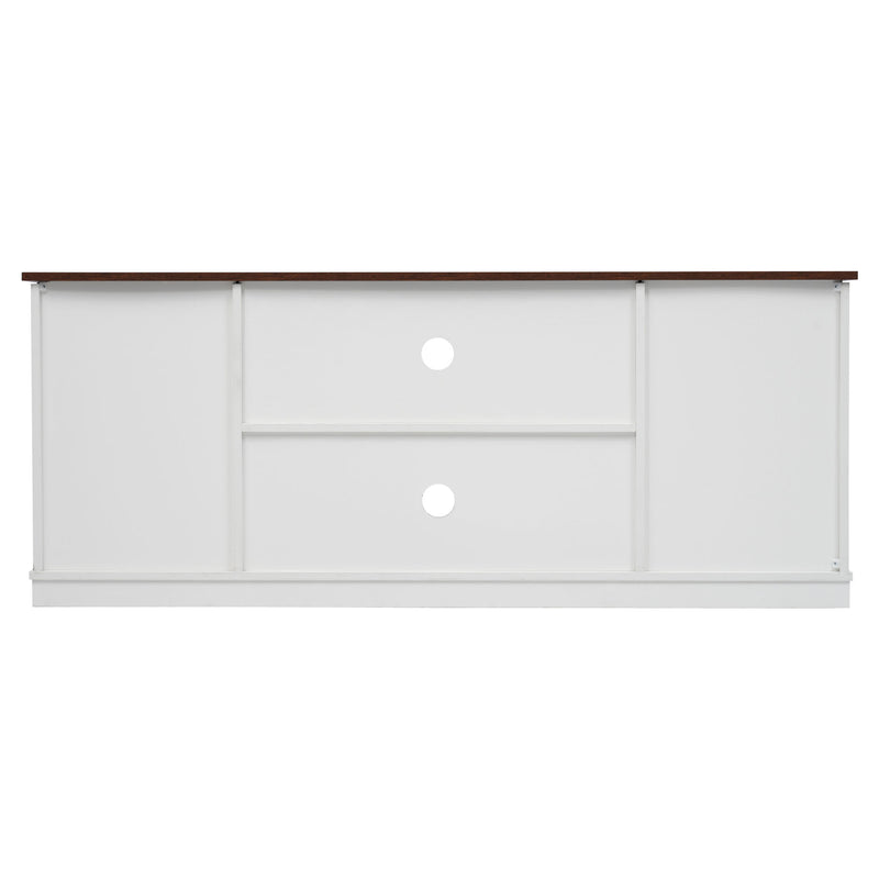 Buffet meuble TV blanc top effet bois noyer 2 portes coulissantes rangements éclairage LED 150*40cm ZALAI