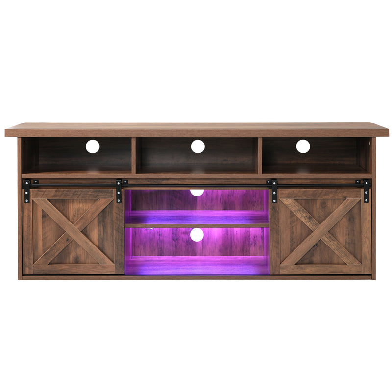 Buffet Meuble TV spécial de 1,5 mètre de long effet bois marron avec 2 portes rangement éclairage LED ZILMOS