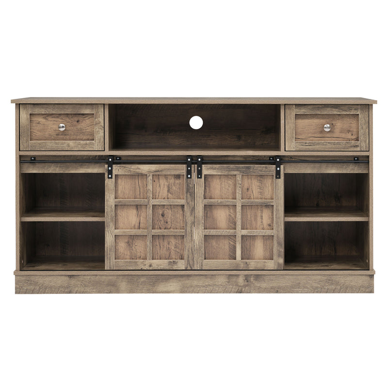 Buffet Meuble TV spécial de 1,5 mètre de long effet bois gris marron avec 2 portes, 2 tiroirs rangement éclairage LED THUNS