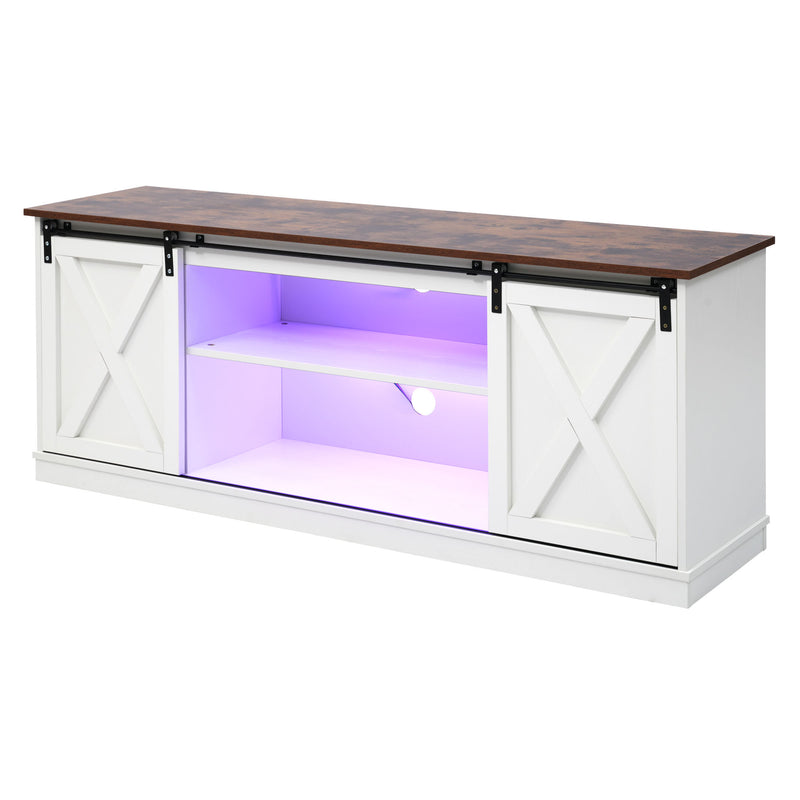 Buffet meuble TV blanc top effet bois noyer 2 portes coulissantes rangements éclairage LED 150*40cm ZALAI