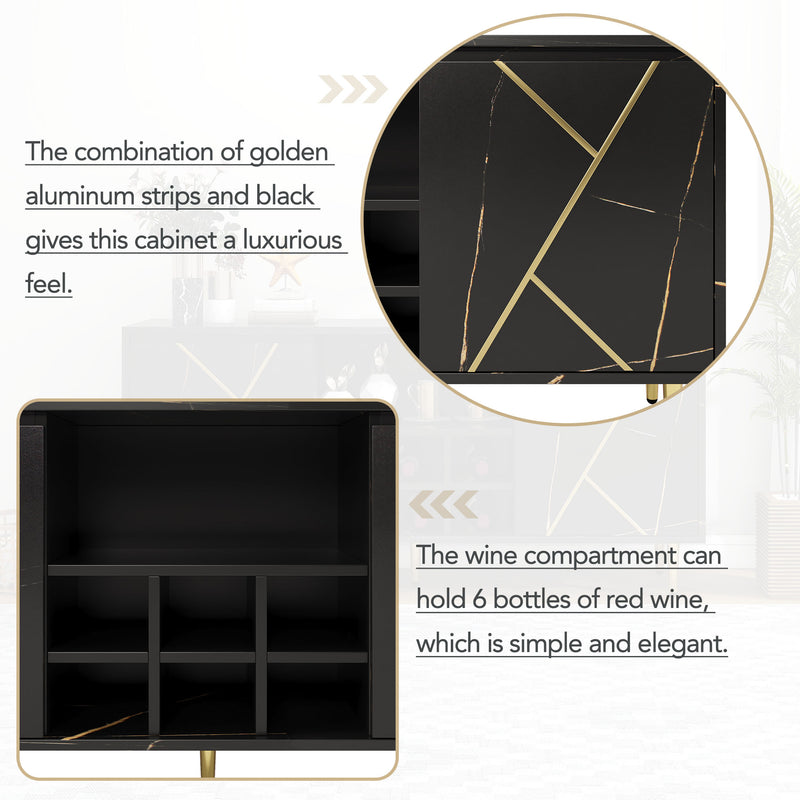Armoire buffet effet marbre noir bande doré 2 portes battants avec casier à vin pieds dorés NUSOR