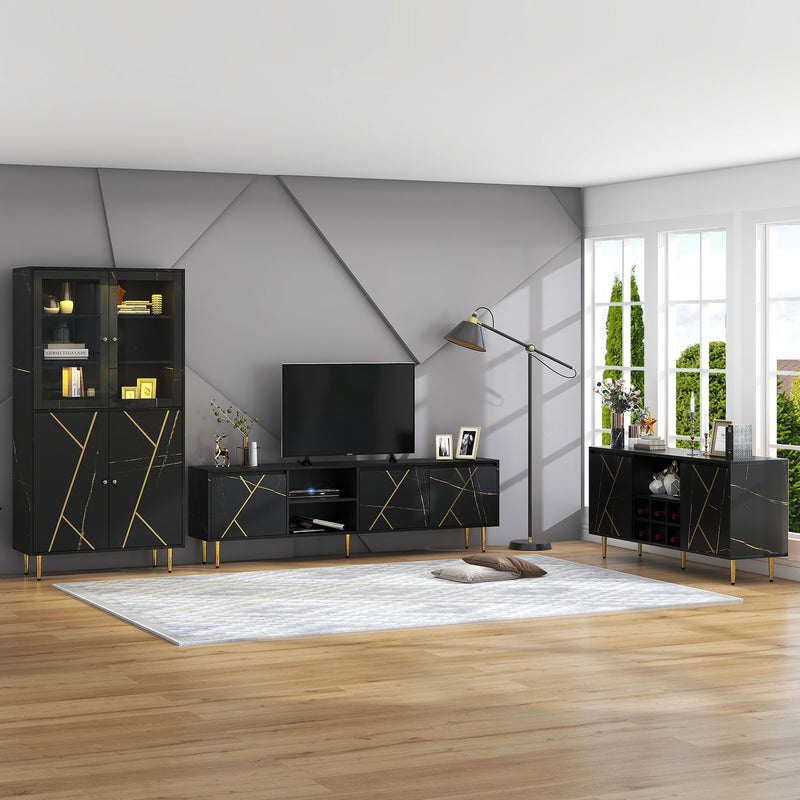 Buffet armoire effet noir avec bandes dorés portes battants rangement LED TROGRIED