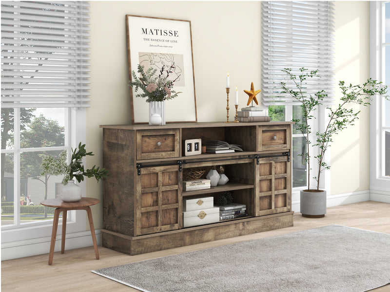 Buffet Meuble TV spécial de 1,5 mètre de long effet bois gris marron avec 2 portes, 2 tiroirs rangement éclairage LED THUNS