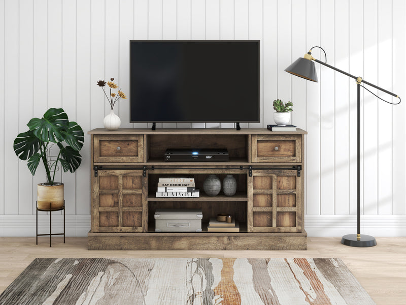 Buffet Meuble TV spécial de 1,5 mètre de long effet bois gris marron avec 2 portes, 2 tiroirs rangement éclairage LED THUNS