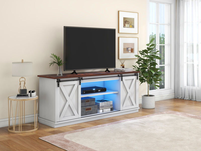 Buffet meuble TV blanc top effet bois noyer 2 portes coulissantes rangements éclairage LED 150*40cm ZALAI