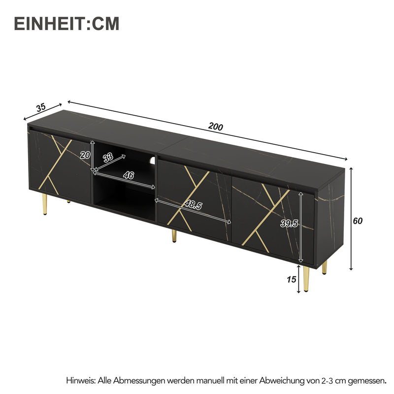 Meuble TV moderne noir avec 3 portes avec des lignes dorés XUTS