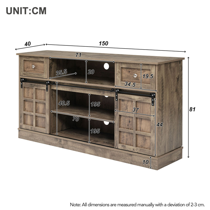 Buffet Meuble TV spécial de 1,5 mètre de long effet bois gris marron avec 2 portes, 2 tiroirs rangement éclairage LED THUNS