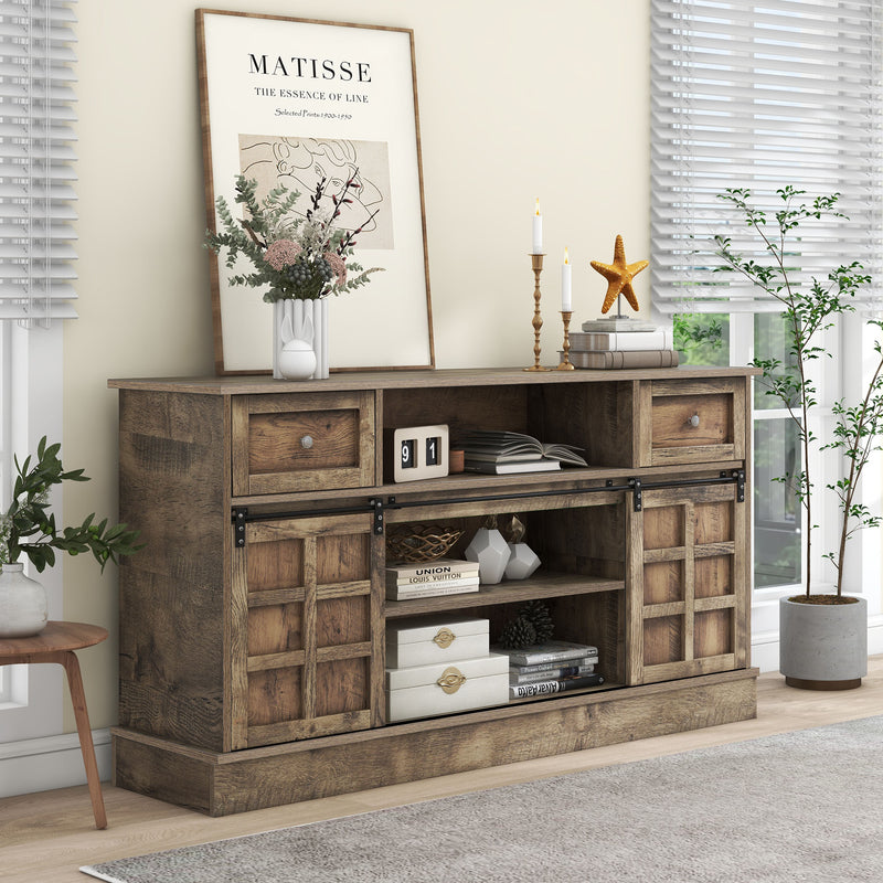 Buffet Meuble TV spécial de 1,5 mètre de long effet bois gris marron avec 2 portes, 2 tiroirs rangement éclairage LED THUNS