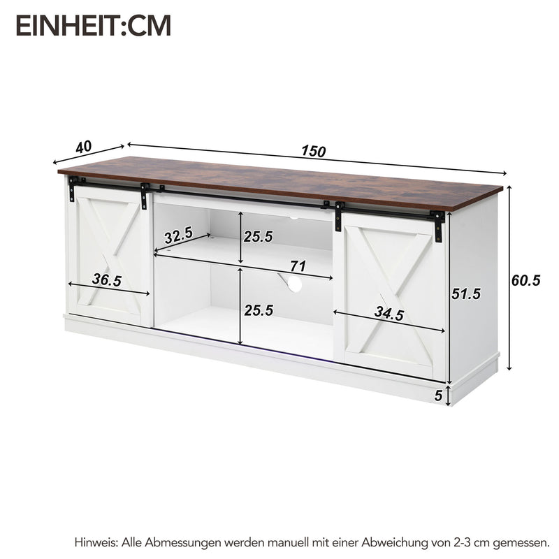 Buffet meuble TV blanc top effet bois noyer 2 portes coulissantes rangements éclairage LED 150*40cm ZALAI