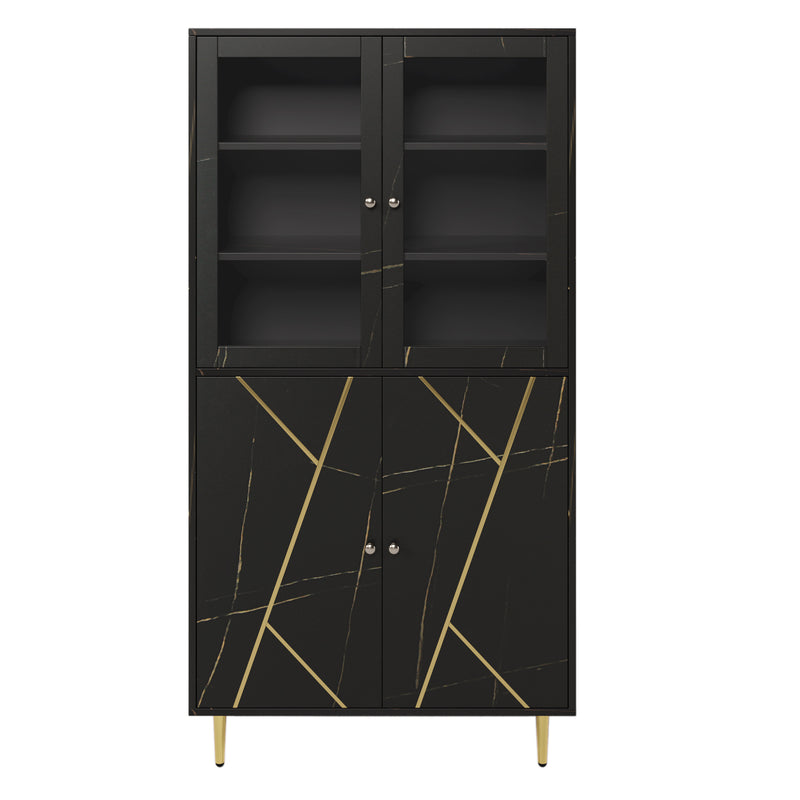 Buffet armoire effet noir avec bandes dorés portes battants rangement LED TROGRIED