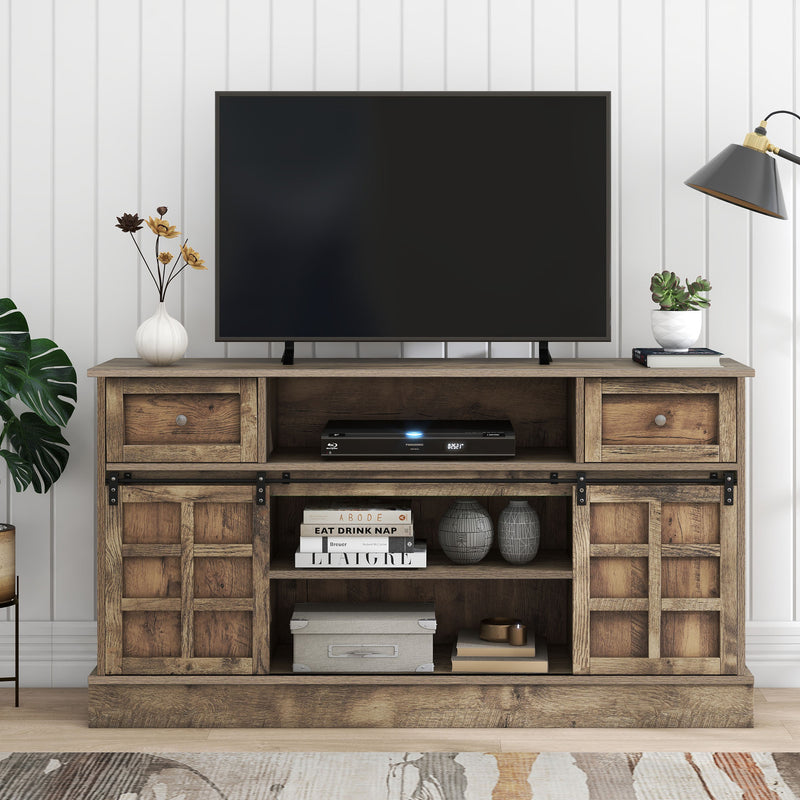 Buffet Meuble TV spécial de 1,5 mètre de long effet bois gris marron avec 2 portes, 2 tiroirs rangement éclairage LED THUNS