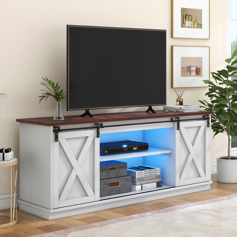 Buffet meuble TV blanc top effet bois noyer 2 portes coulissantes rangements éclairage LED 150*40cm ZALAI