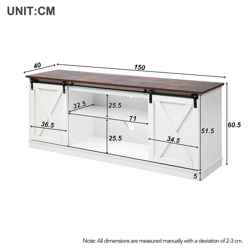 Buffet meuble TV blanc top effet bois noyer 2 portes coulissantes rangements éclairage LED 150*40cm ZALAI