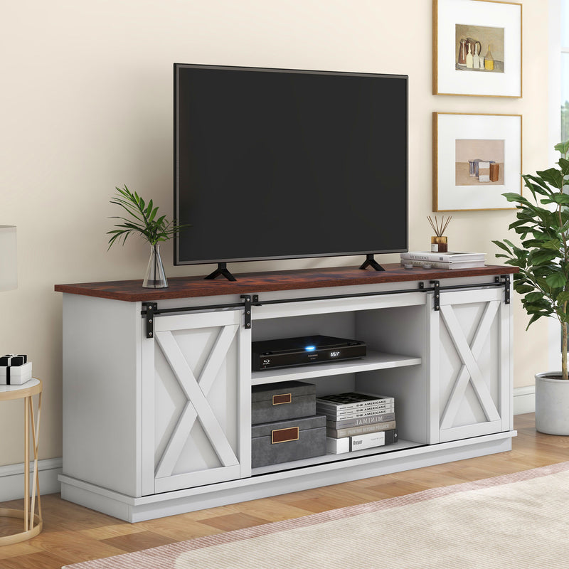 Buffet meuble TV blanc top effet bois noyer 2 portes coulissantes rangements éclairage LED 150*40cm ZALAI