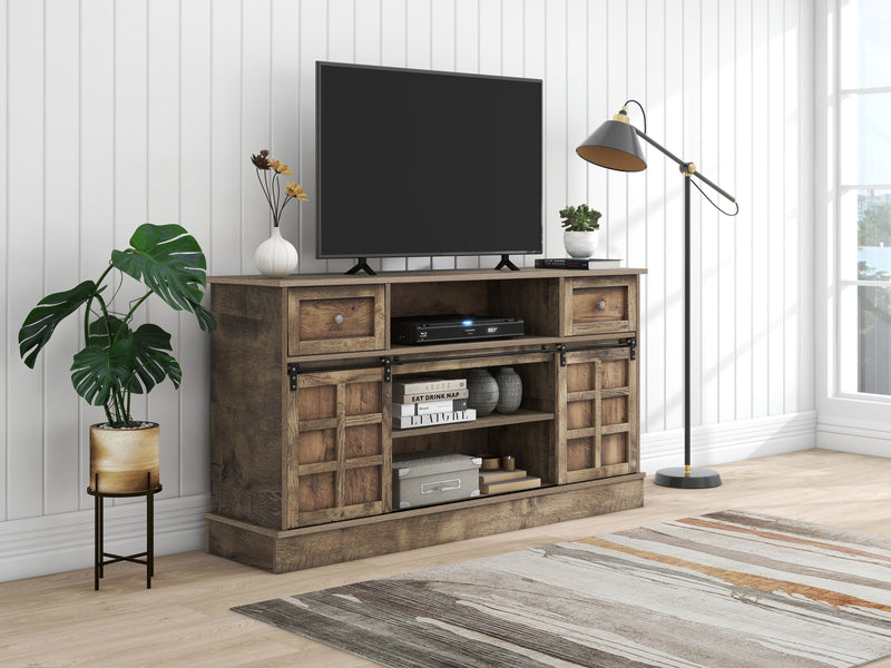 Buffet Meuble TV spécial de 1,5 mètre de long effet bois gris marron avec 2 portes, 2 tiroirs rangement éclairage LED THUNS